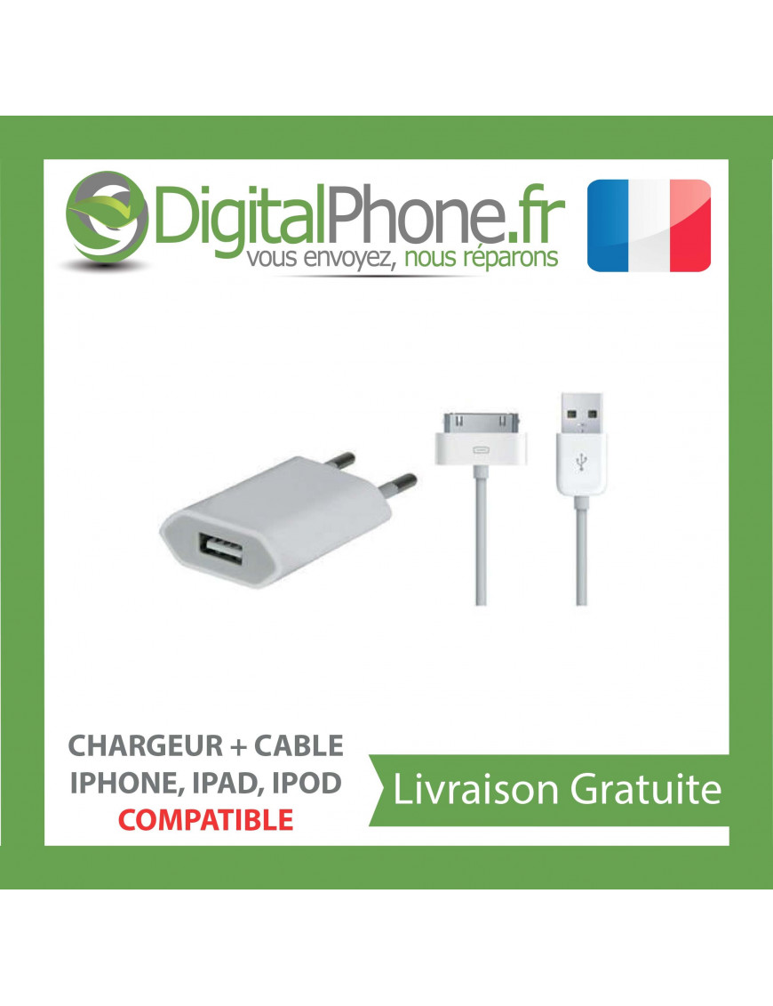 Chargeur + cable blanc pour iPhone, iPad, iPod 1M